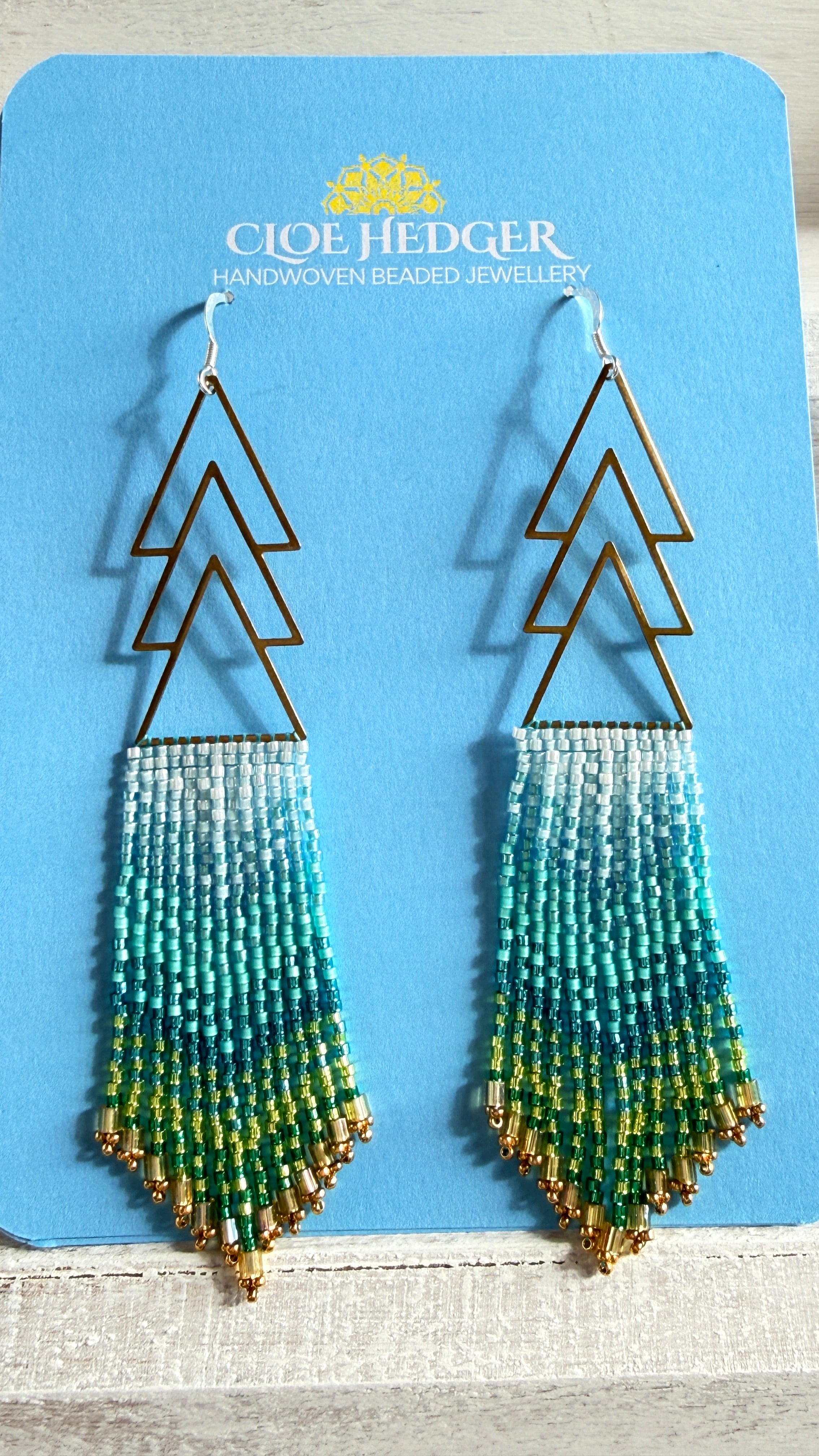 Gradient Aqua Beaded Fringe Earrings