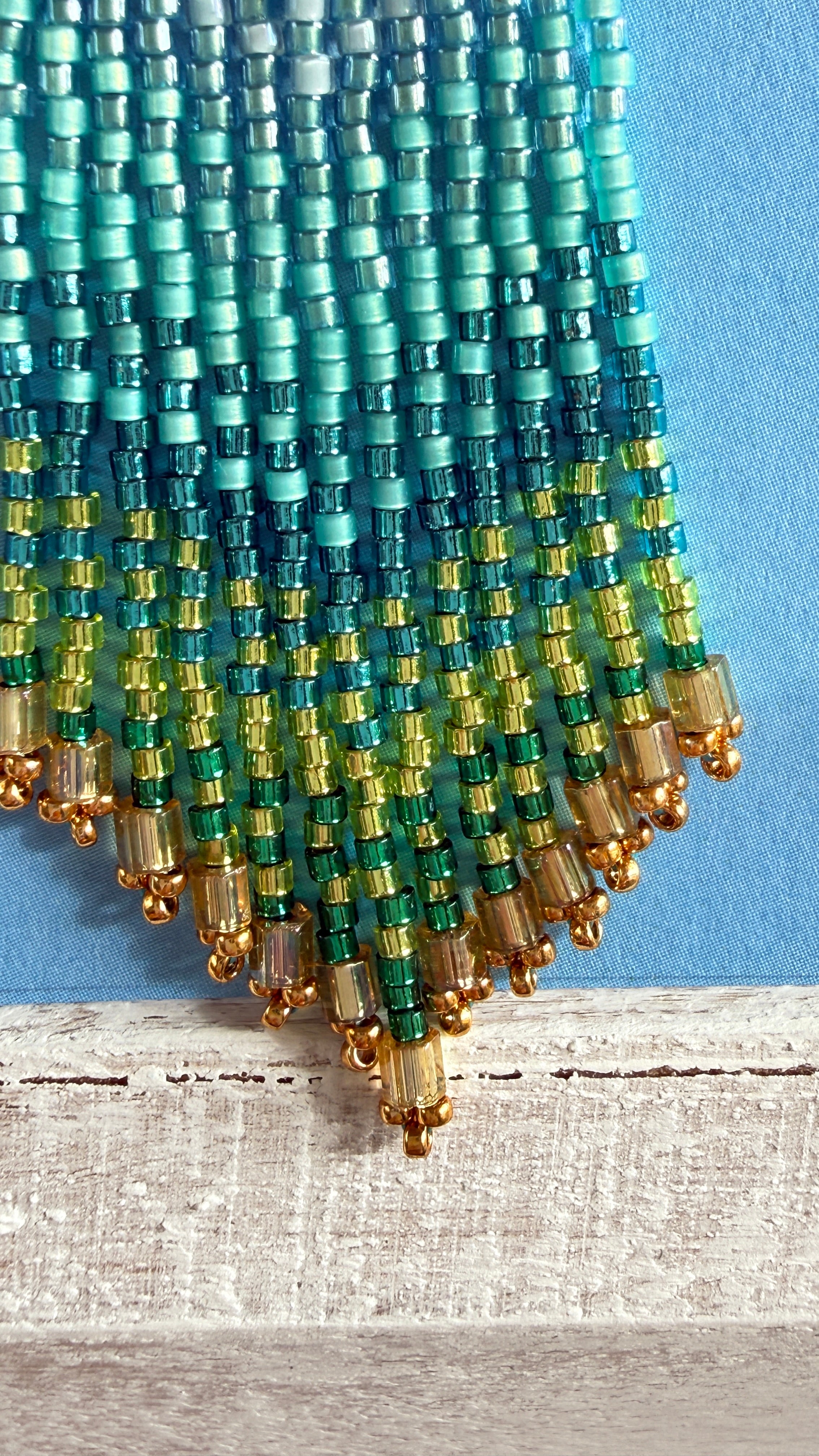 Gradient Aqua Beaded Fringe Earrings