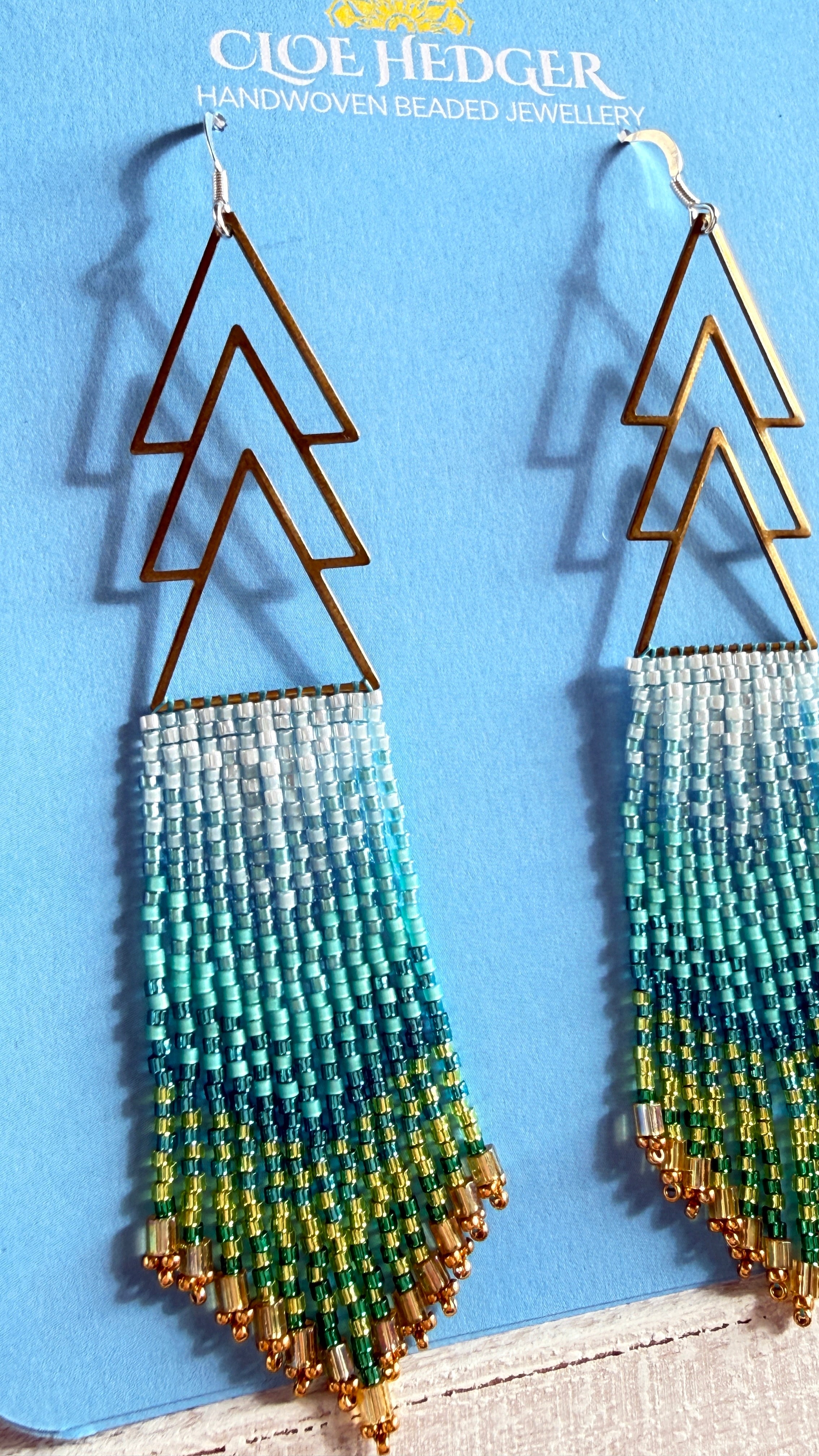 Gradient Aqua Beaded Fringe Earrings