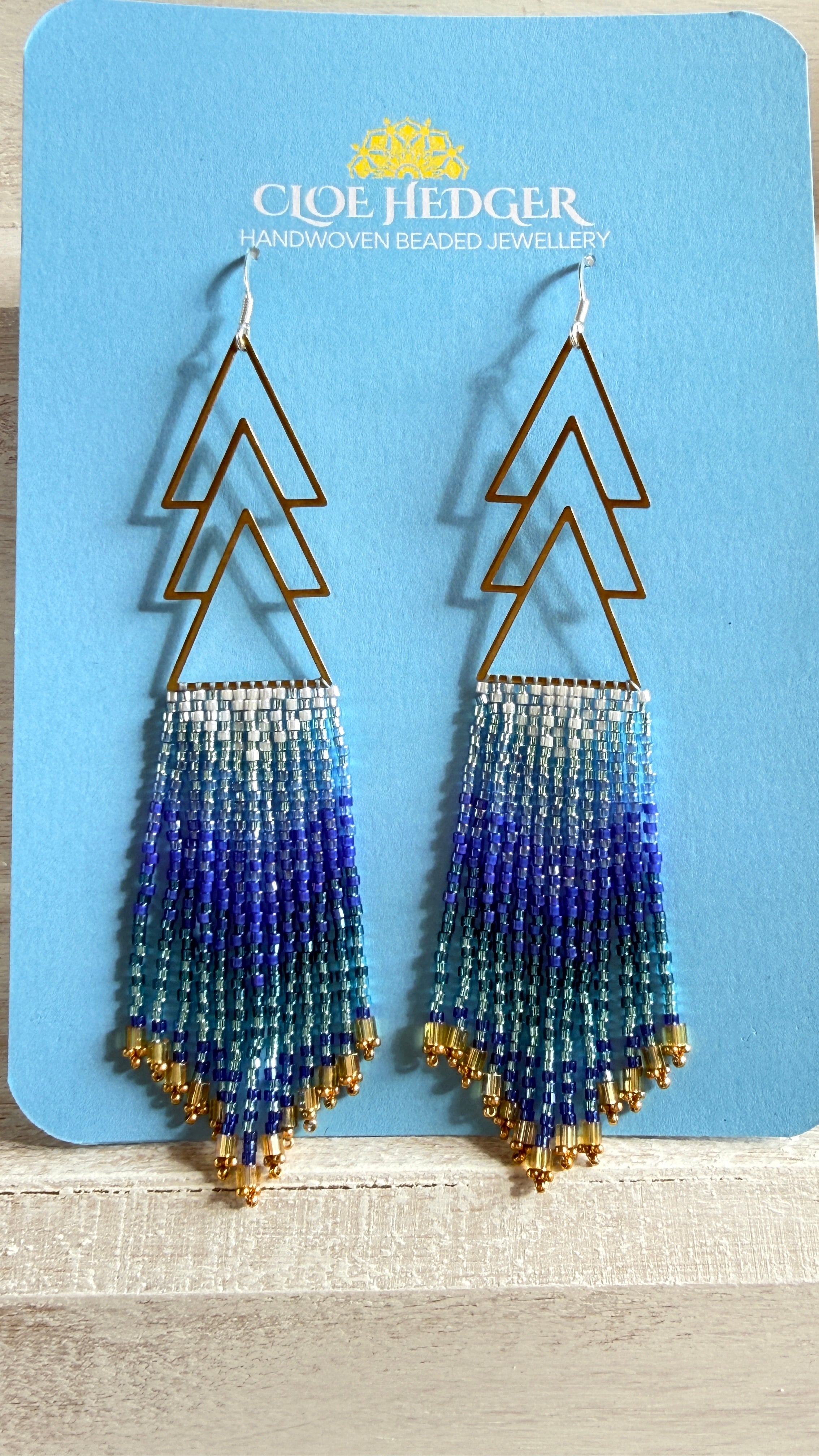 Gradient Blue Beaded Fringe Earrings