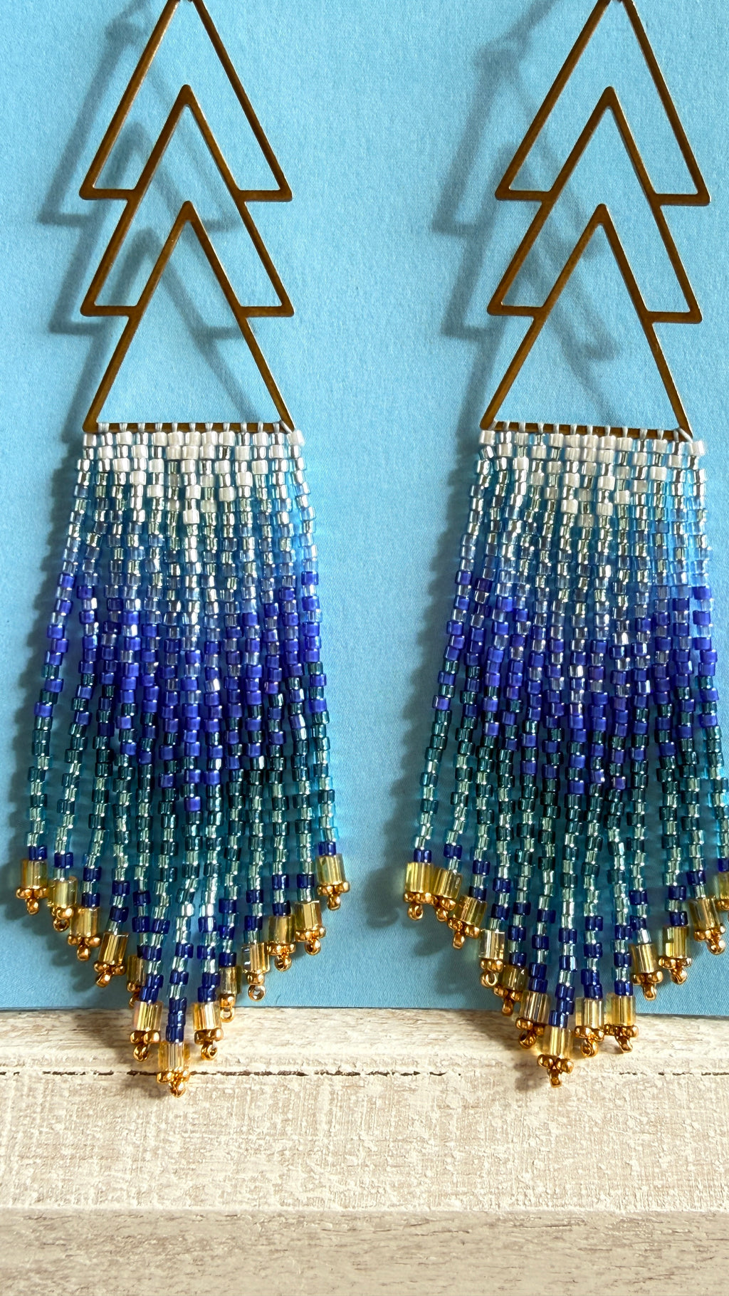 Gradient Blue Beaded Fringe Earrings