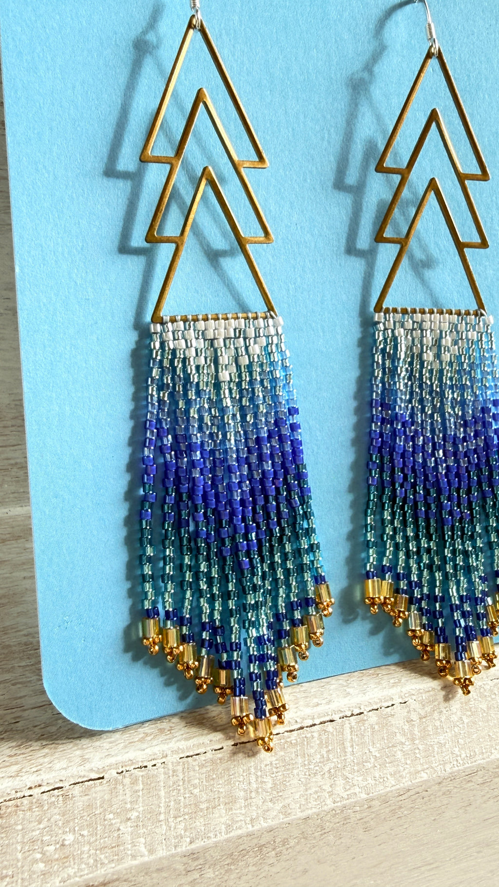 Gradient Blue Beaded Fringe Earrings