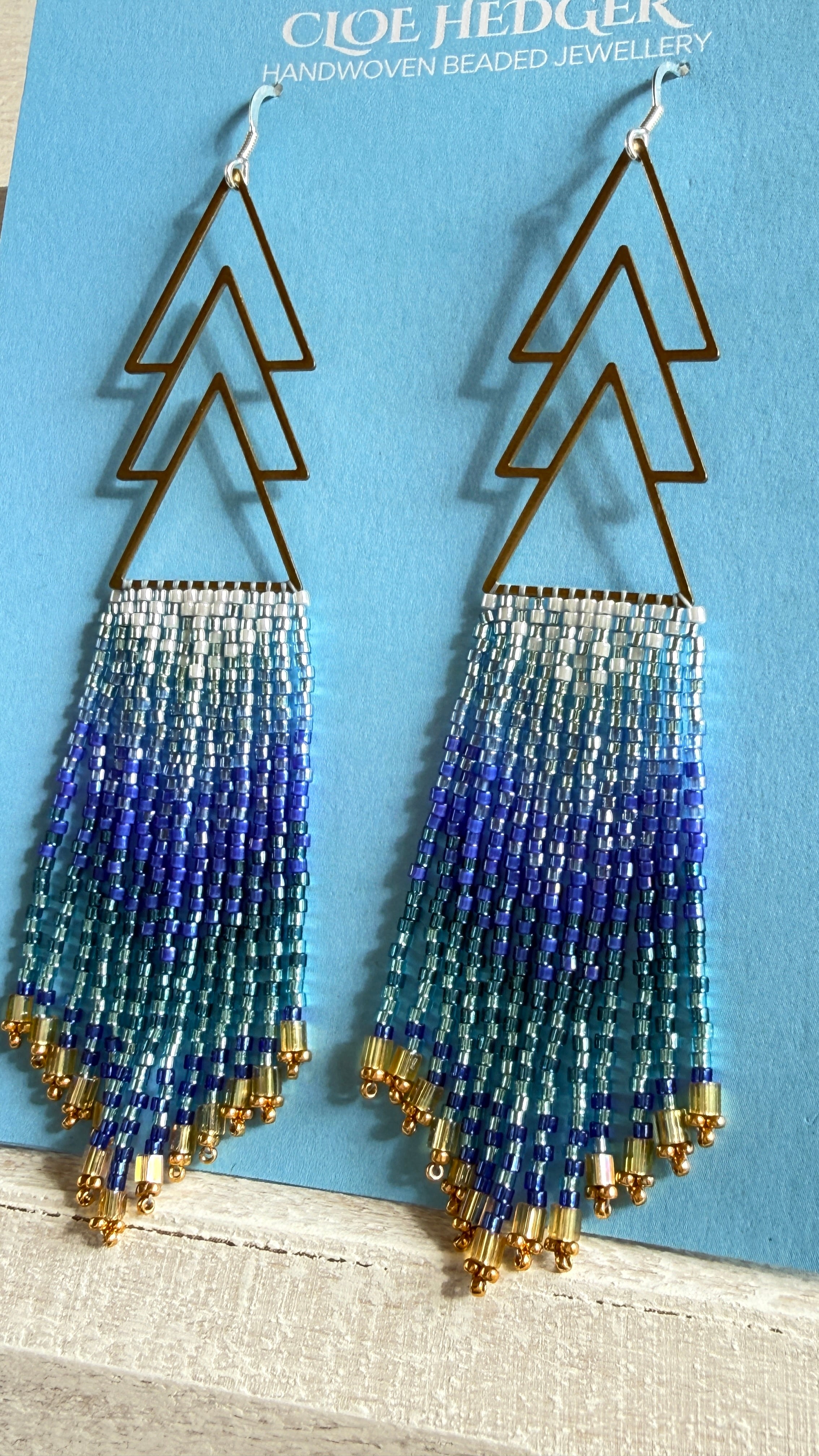 Gradient Blue Beaded Fringe Earrings
