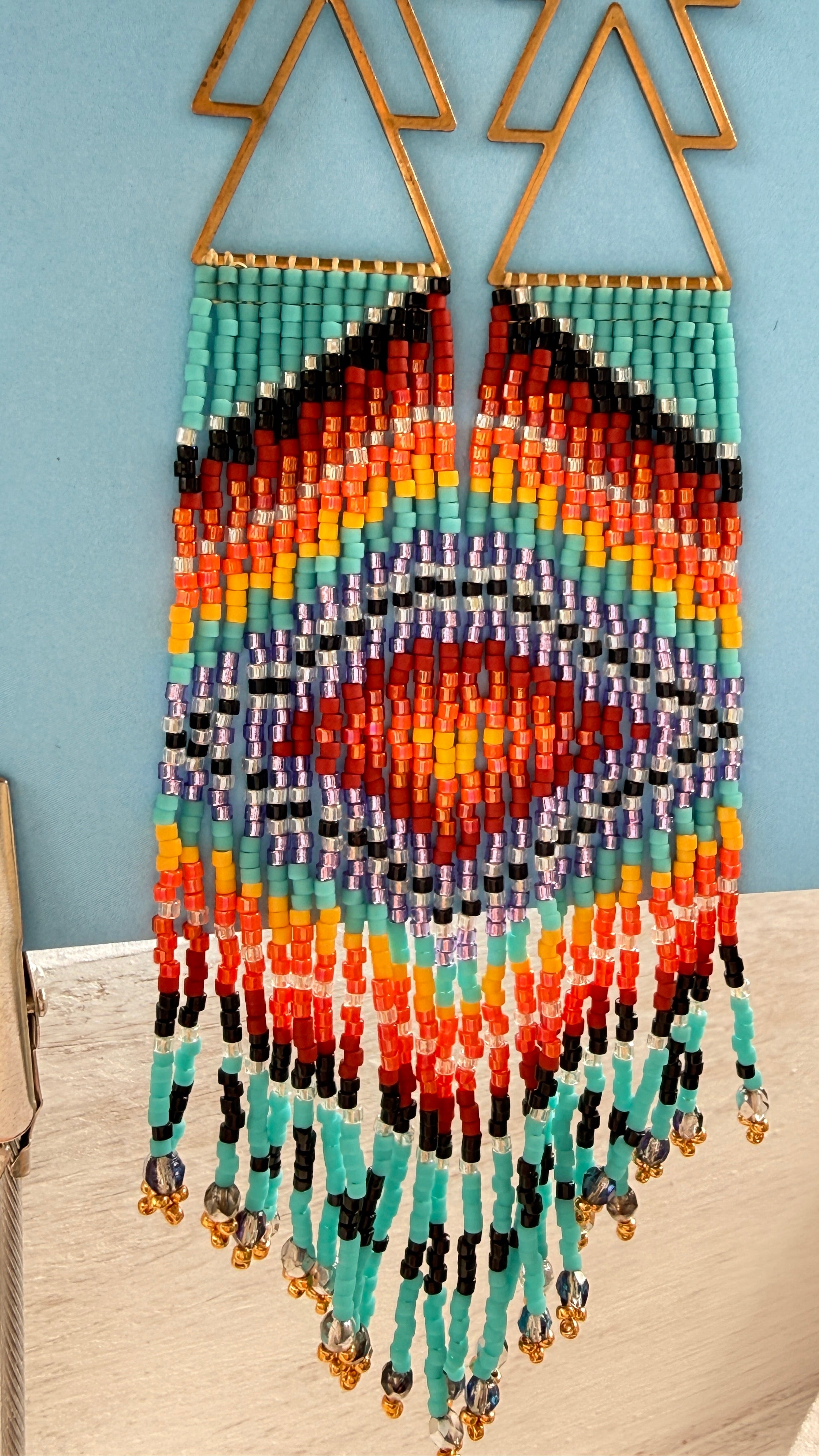 Aztec Rainbow Beaded Fringe Earrings